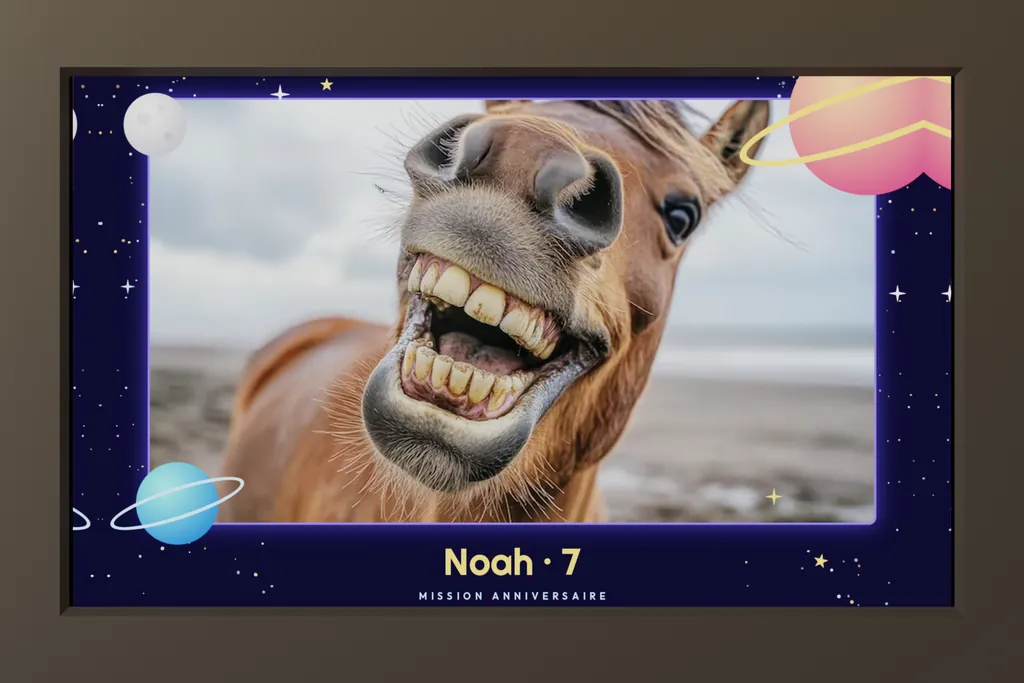 Rendu 3D de l'écran de la cabine avec un cadre d'anniversaire