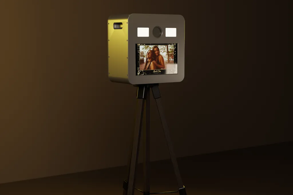 Rendu 3D de la cabine photobooth, écran tactile et panneaux lumineux